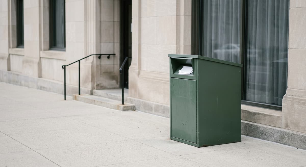 election ballot drop box on a clean sidewalk outside a municipal building, morning light