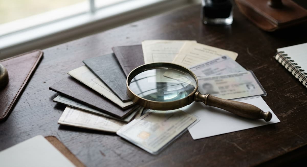 identity documents fanned out on a desk under a magnifying glass
