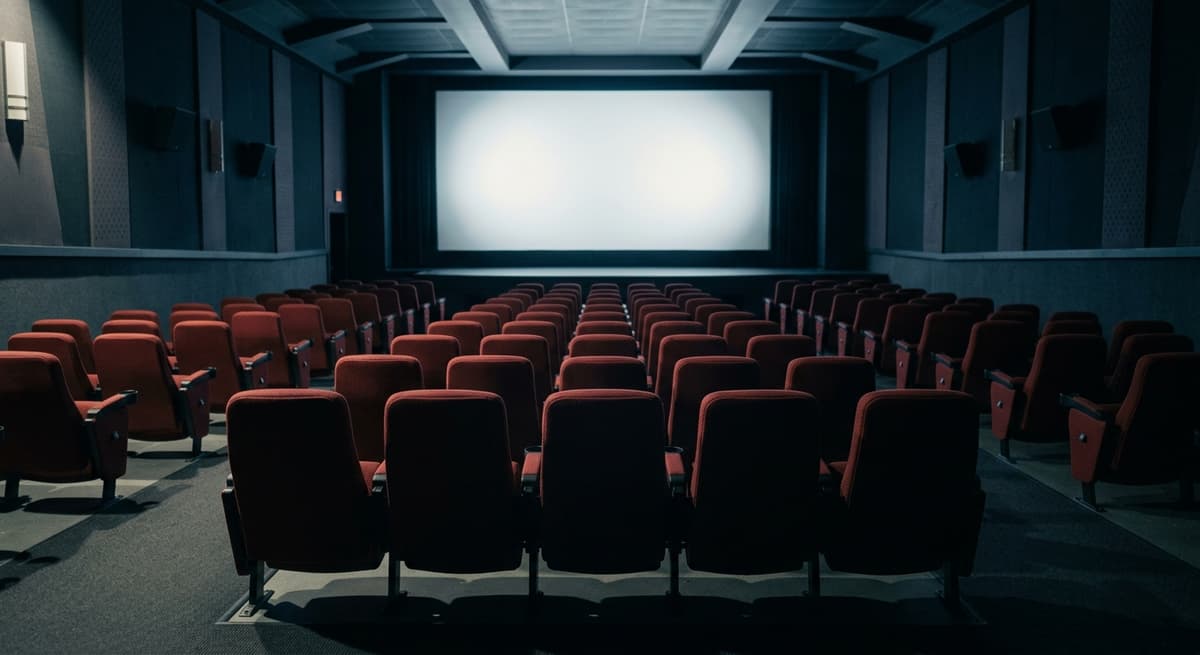 movie theater seats facing a blank glowing screen, empty auditorium