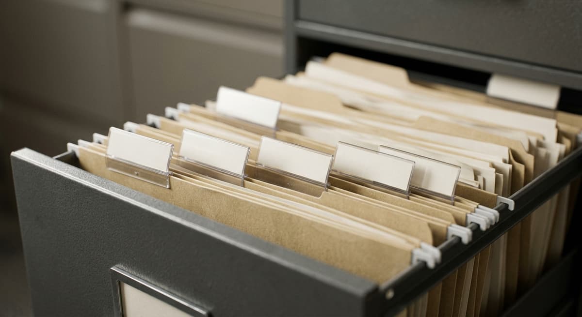 filing cabinet drawer open showing folders tabbed with state abbreviations