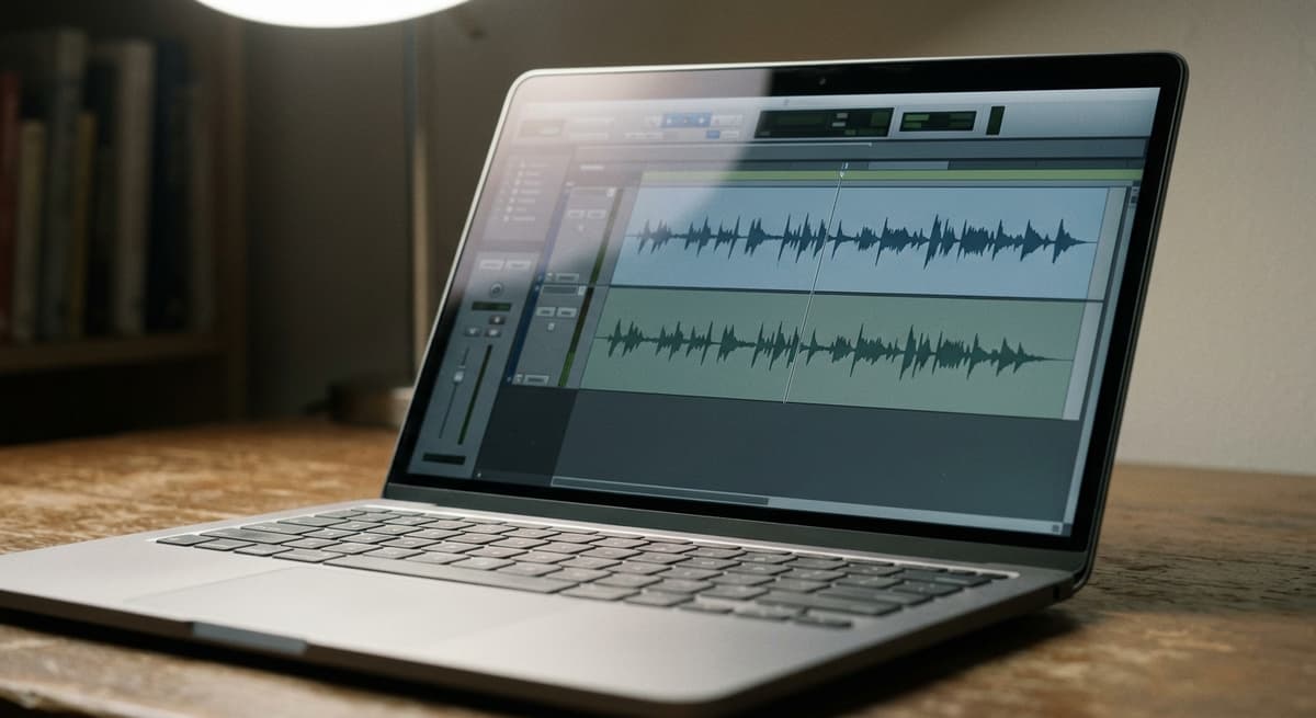 open laptop displaying a simple audio editing timeline with two stacked voice tracks