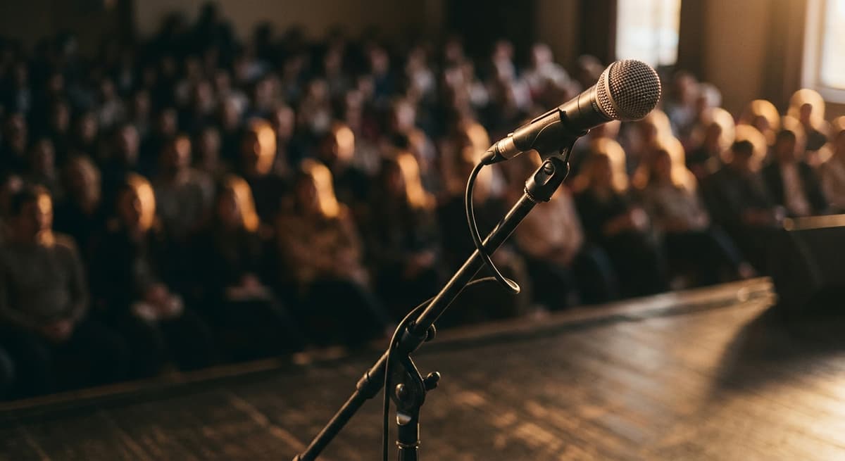 a microphone on a stand in front of a softly blurred audience