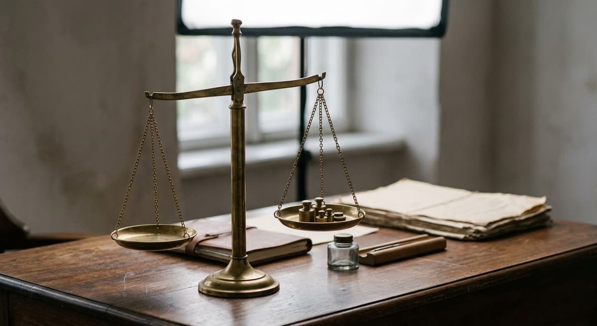 a brass set of balance scales on a wooden desk