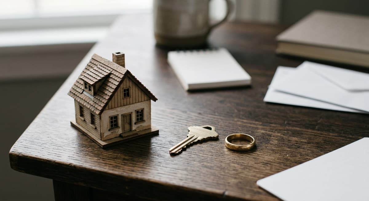 a small model house beside a key and a ring on a desk, no people
