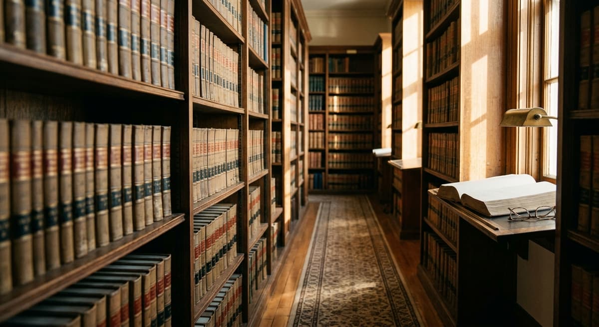 a quiet law library aisle with tall shelves of bound legal volumes