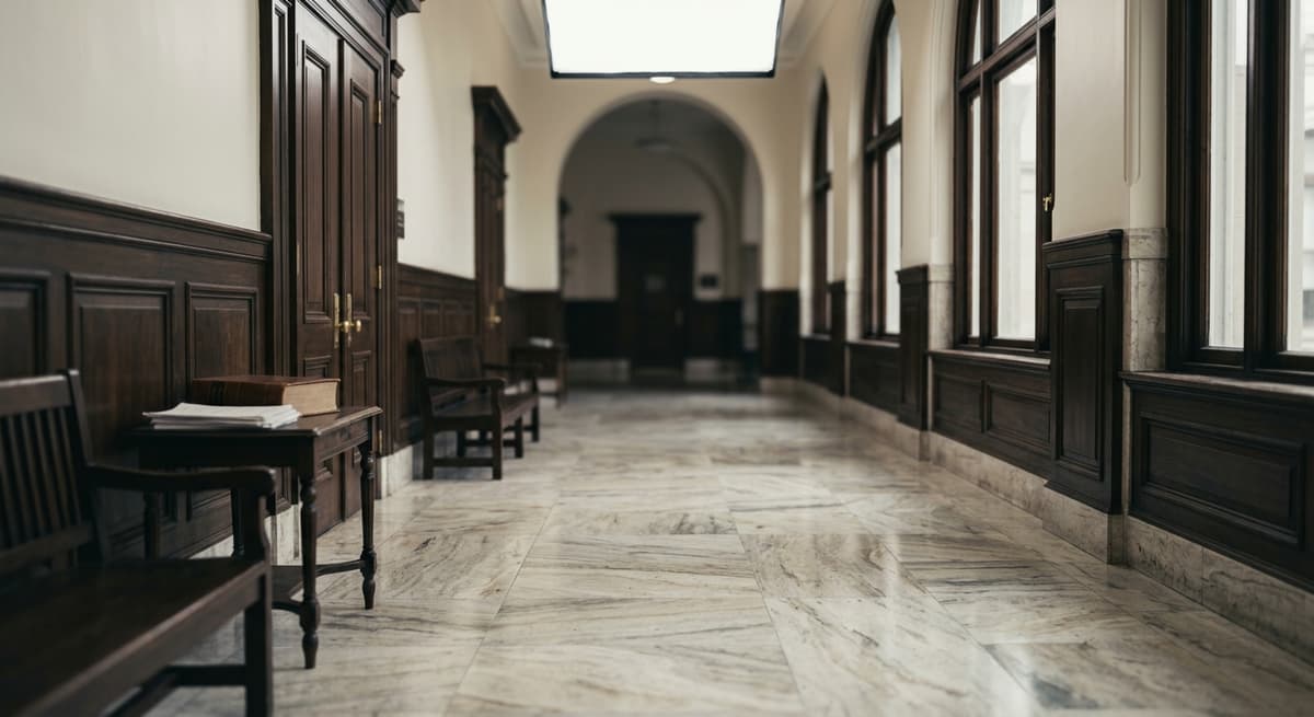 a courthouse hallway with marble floors and tall windows