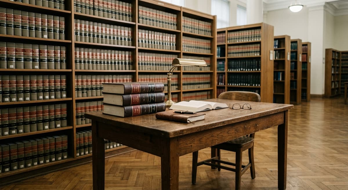 dmca: library reading room with rows of law books and a wooden desk