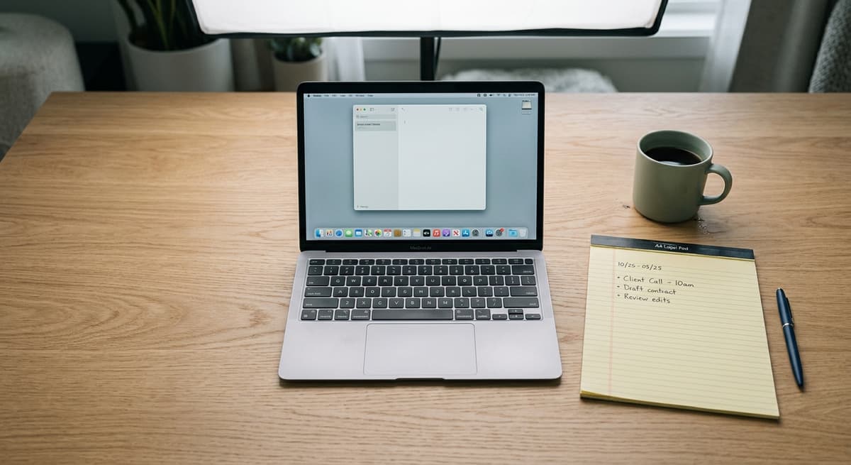 dmca: clean desk with a laptop, legal pad, and coffee mug in a modern office