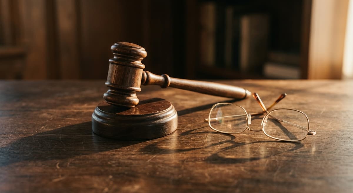 dmca: gavel resting next to reading glasses on a dark surface
