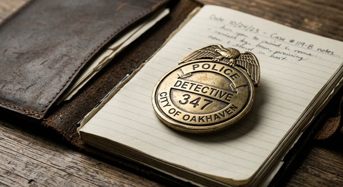 dmca: police badge resting on a notebook