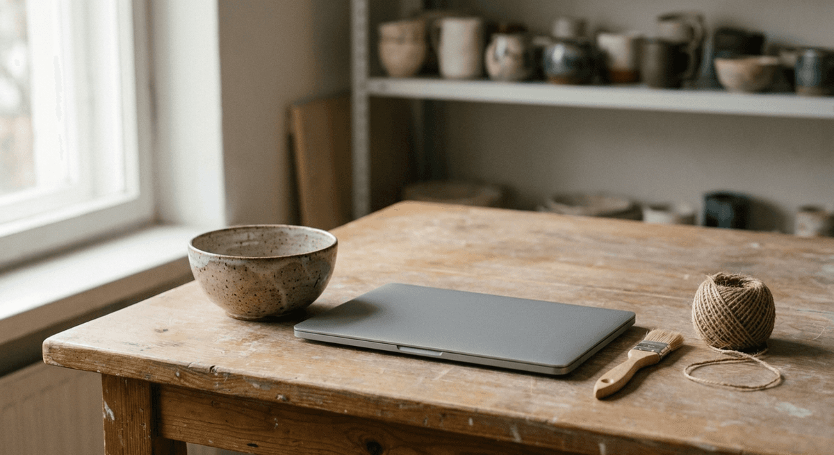 handmade ceramic bowl beside a closed laptop, paintbrush and twine on a workshop table