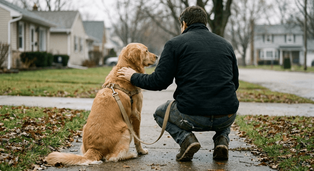 person crouching on a quiet residential sidewalk with a hand on a seated golden retriever wearing a harness and leash