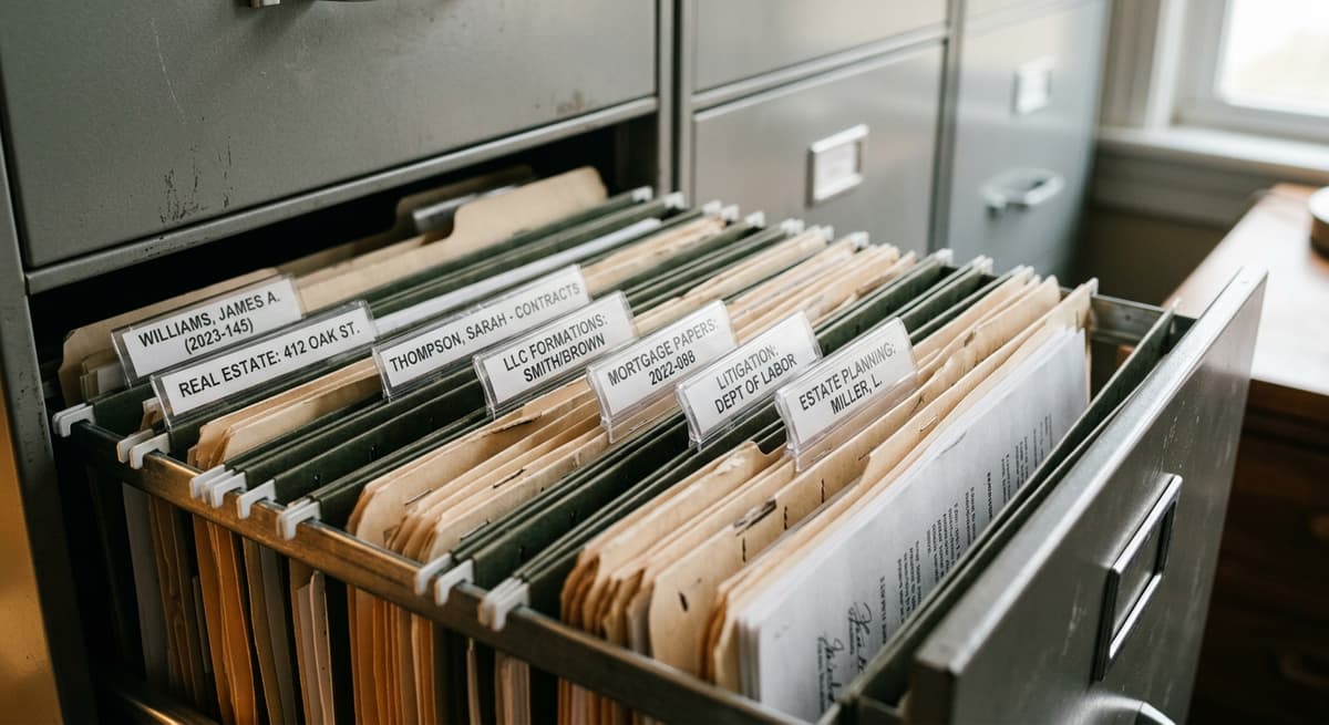 A filing cabinet with organized legal folders