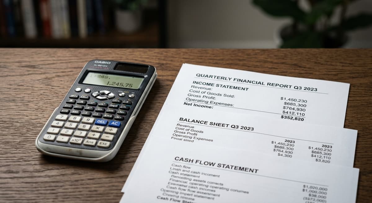 A calculator beside printed financial statements on a desk