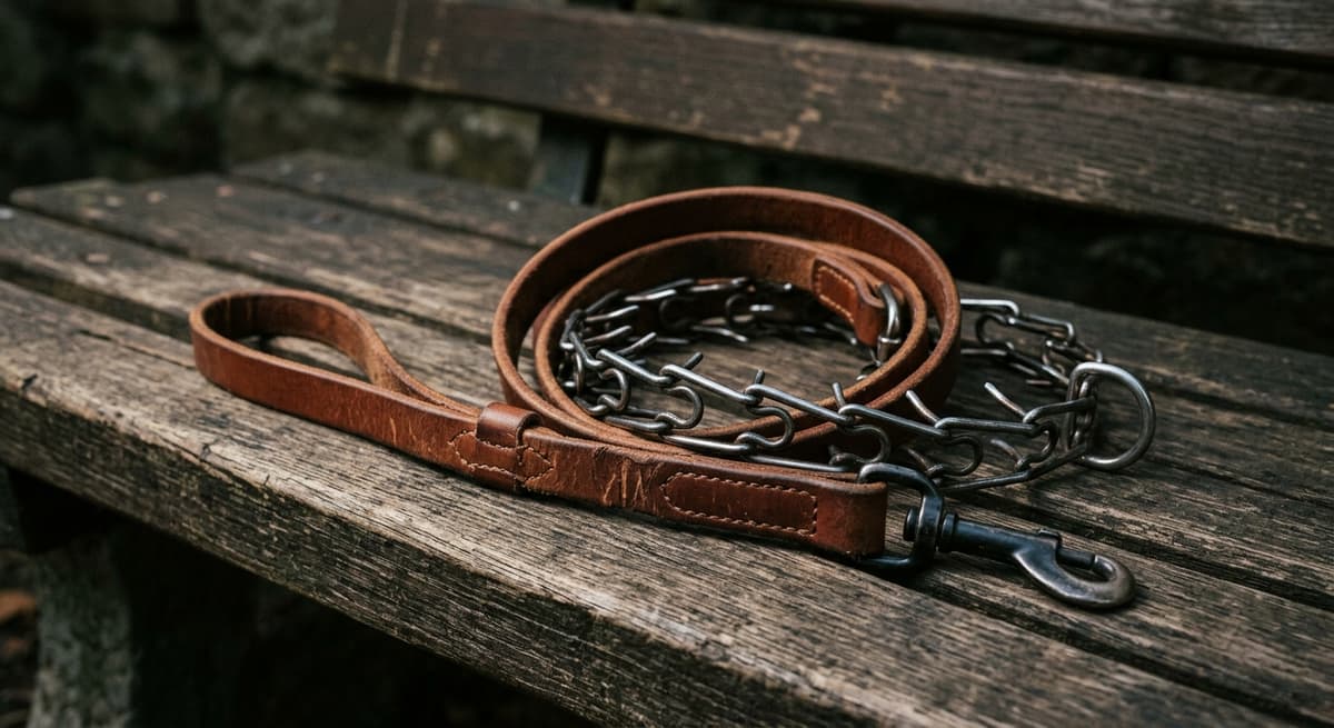 A leather dog leash and metal collar coiled on a wooden bench