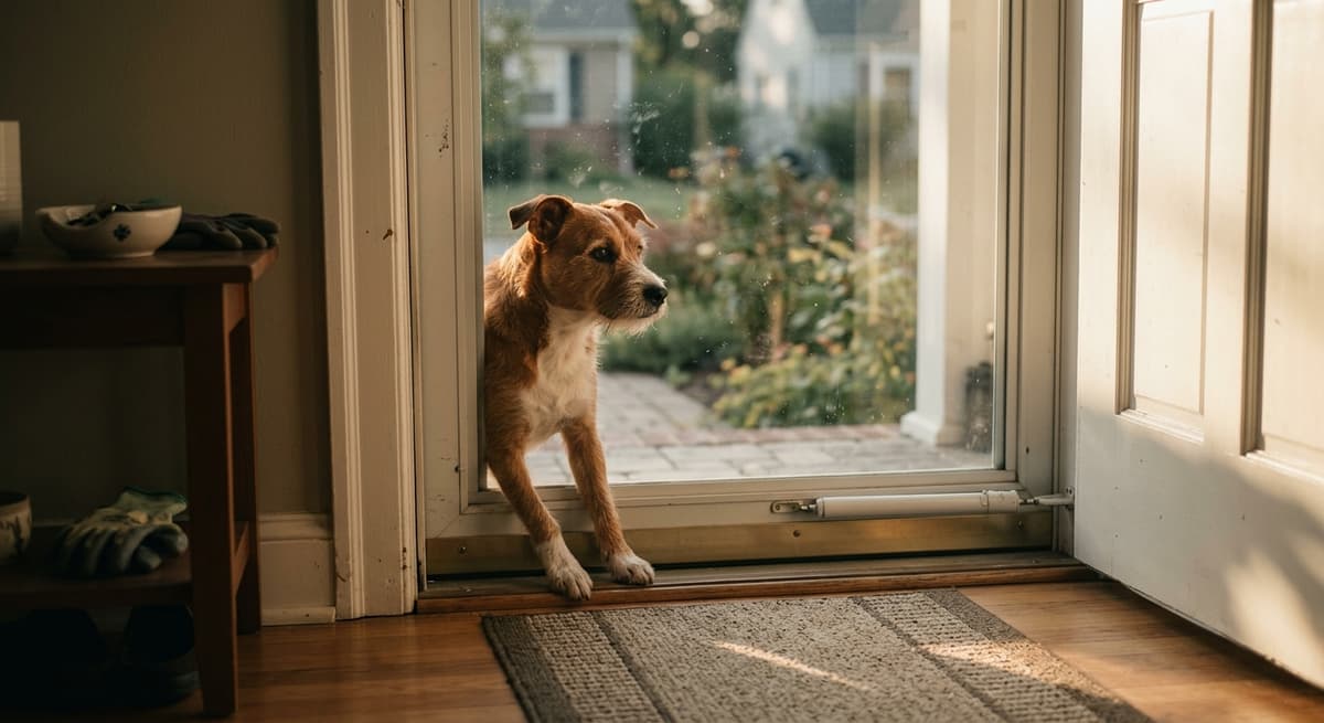 A dog looking out through a glass storm door from inside a home