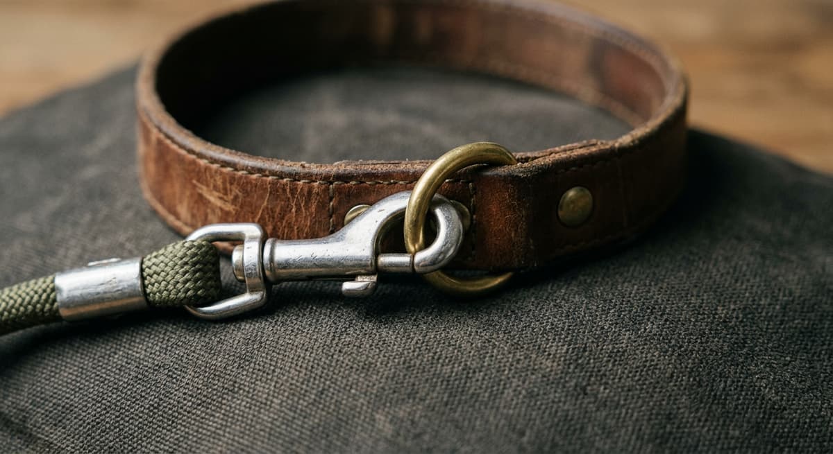 Close-up of a leash clip fastened to a collar ring, no dog face