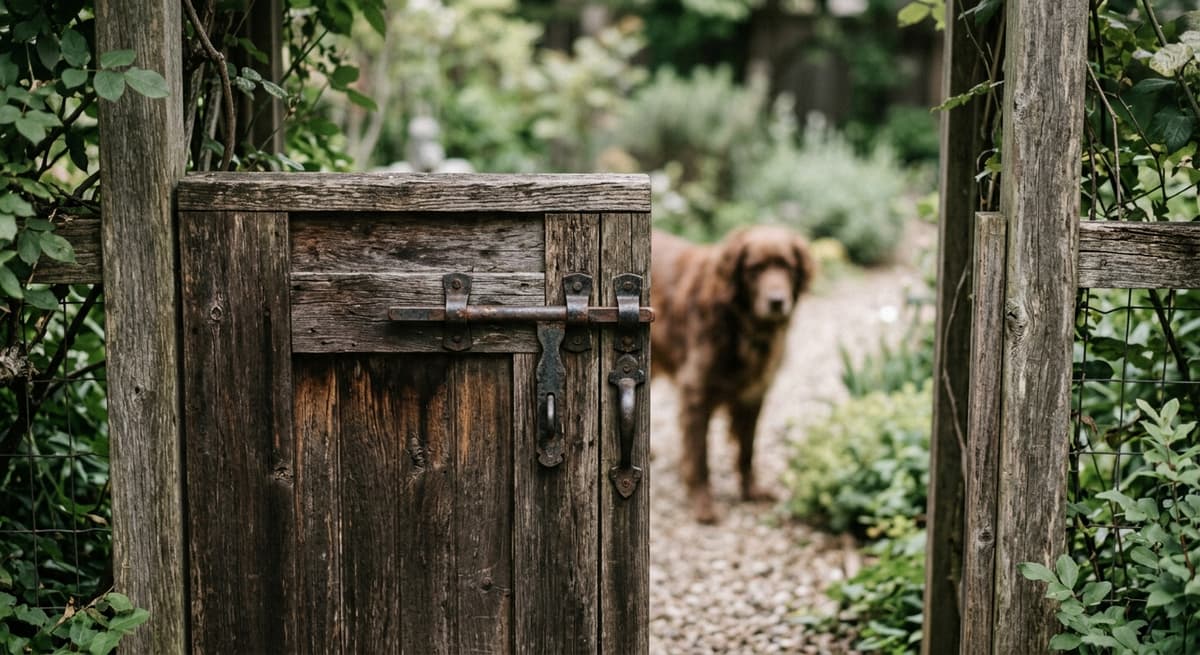 A latched backyard gate with a dog blurred behind it