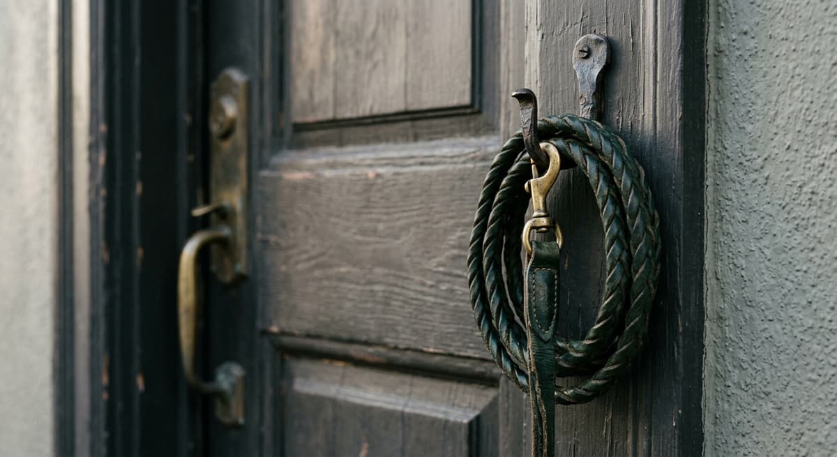 A coiled leash hanging on a hook beside a front door