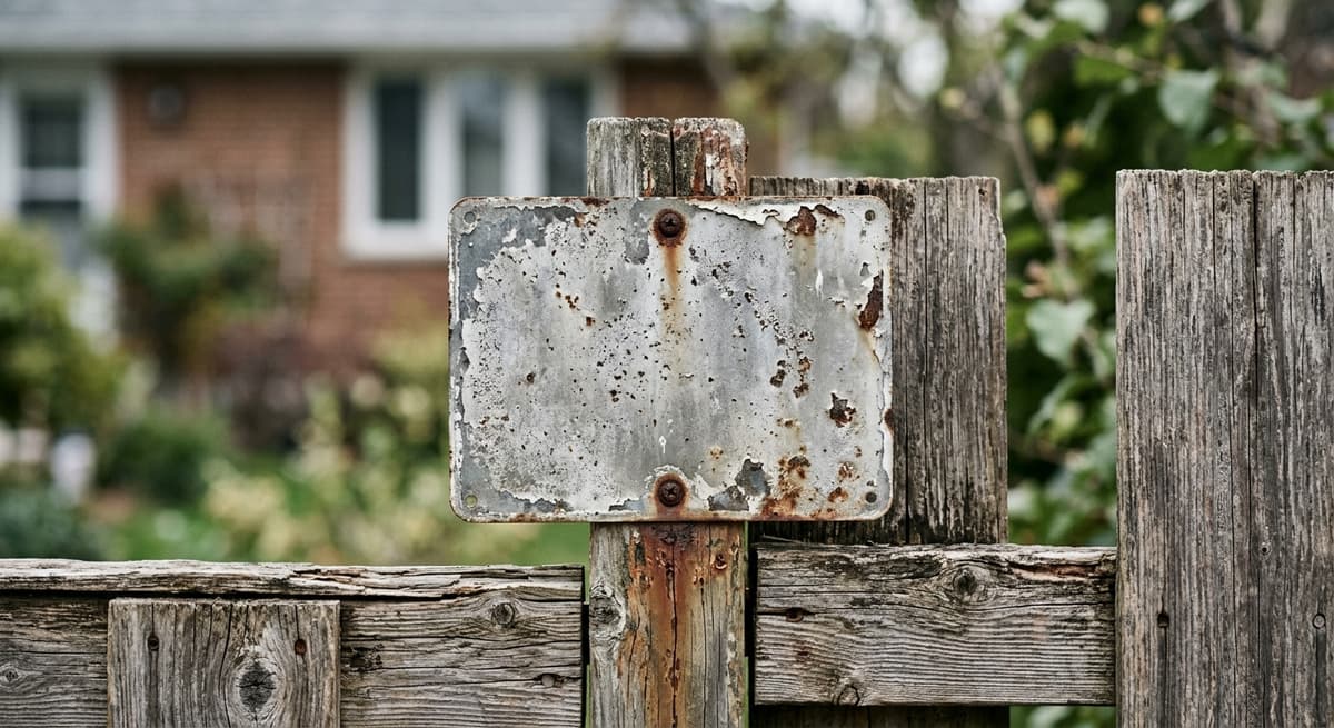 A blank weathered warning sign on a residential fence