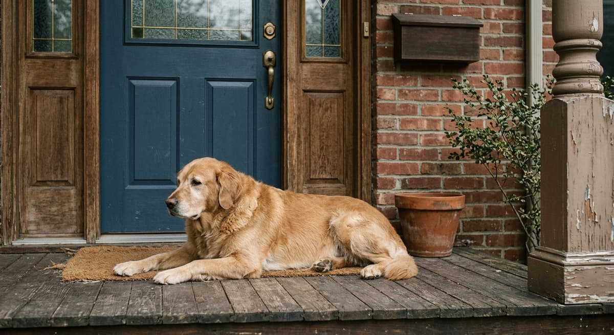 A large dog lying calmly on a front porch by the doorway
