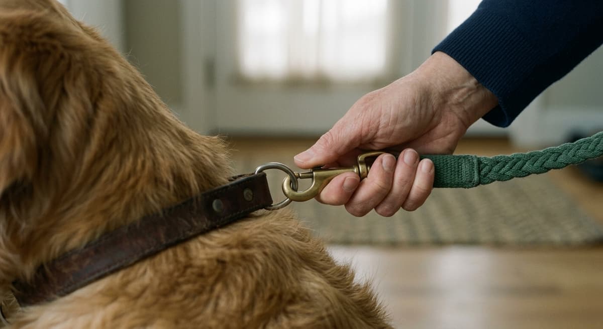 A hand clipping a leash to a collar, fingers only, dog blurred