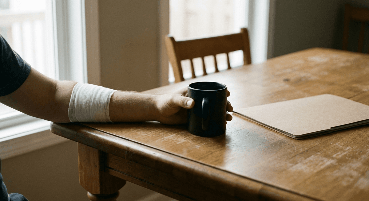 Bandaged forearm resting on a kitchen table beside a coffee mug and a closed folder