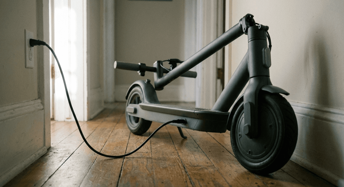 folded e-scooter charging from a wall outlet in a home hallway