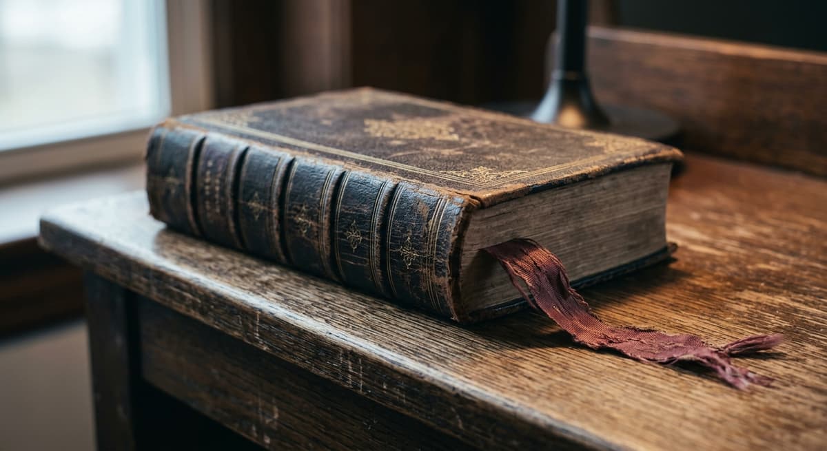 a closed law book with a faded ribbon marker resting on a bench
