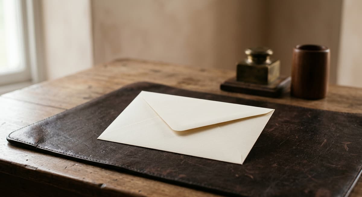 a single envelope resting on a desk blotter in soft light