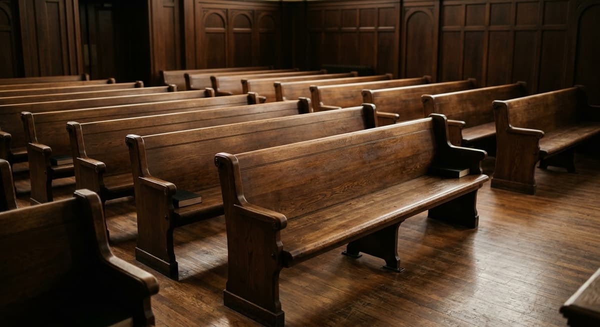 an empty courtroom gallery with rows of wooden benches and warm light