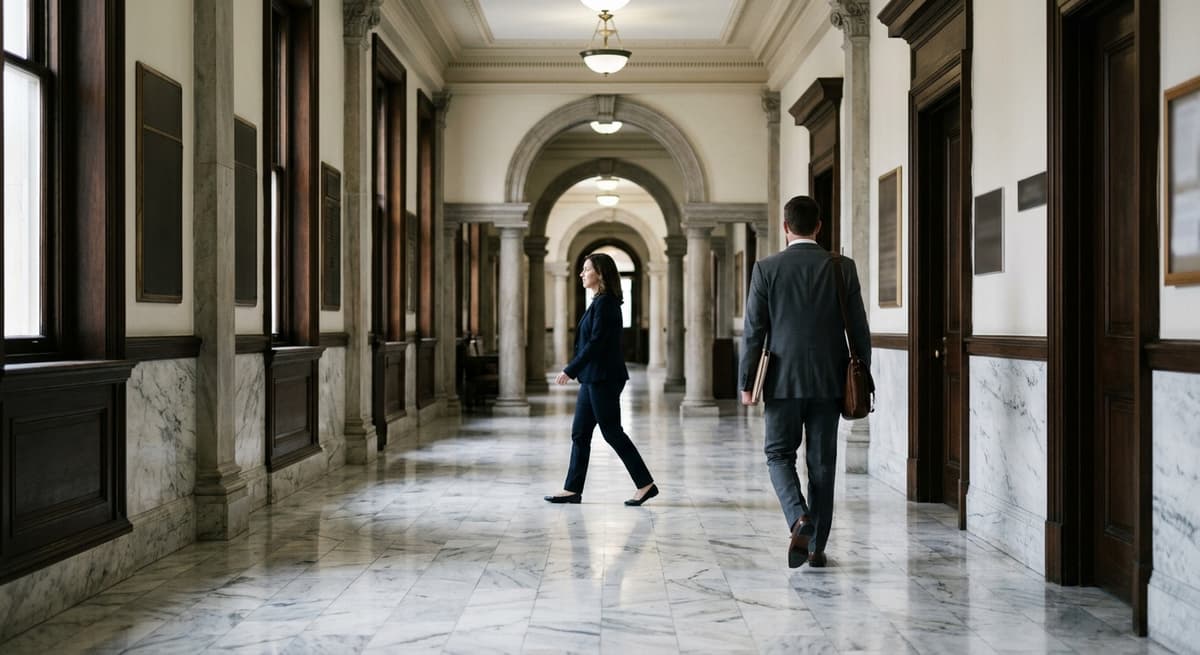 official government building hallway with marble floors
