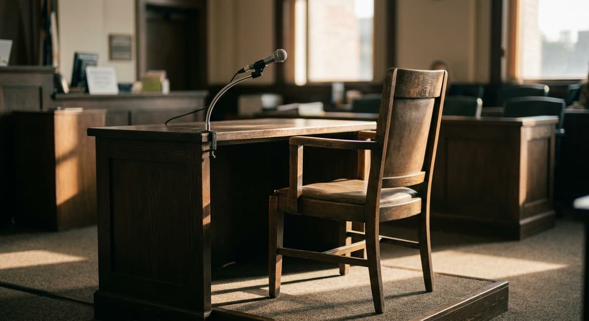 witness chair in a courtroom with a microphone