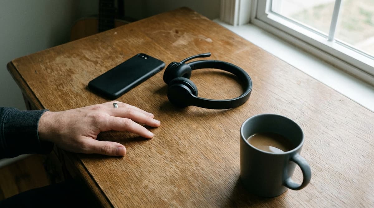 Phone, wireless headset and coffee mug on a wooden table with a hand resting beside them