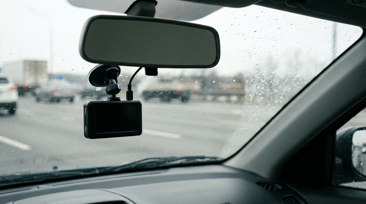 Small dashboard camera mounted on a car windshield looking onto a rainy multi-lane road
