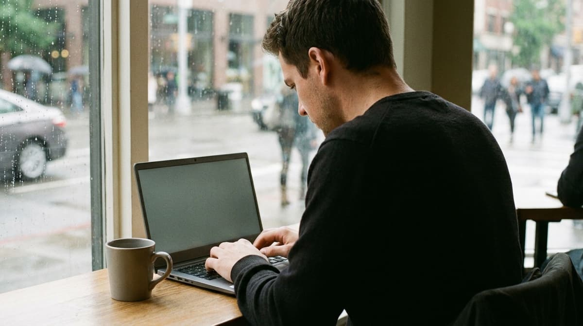 Person typing on a plain laptop at a cafe window table with a coffee cup