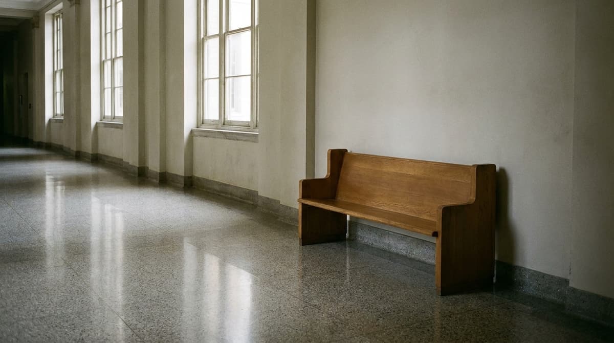 Empty courthouse-style hallway with polished floors, tall windows and one wooden bench