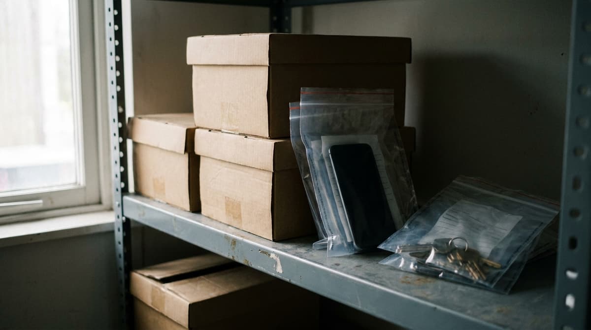 Cardboard storage boxes and clear sealed bags holding a phone and keys on a metal shelf