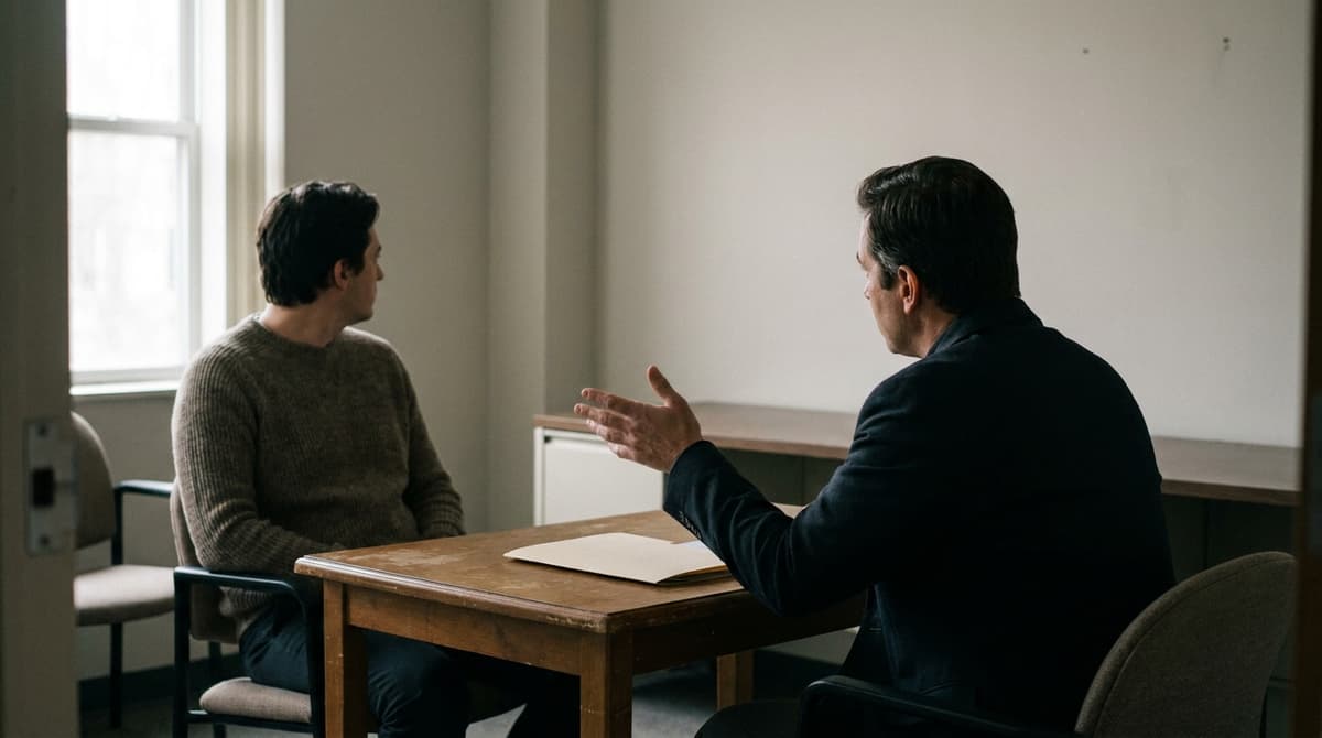 Two people talking across a small wooden table in a plain office with a closed folder between them