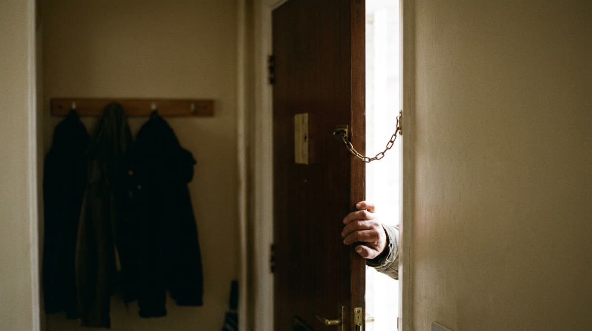 Front door held ajar on a brass chain, seen from inside a hallway with coats on pegs