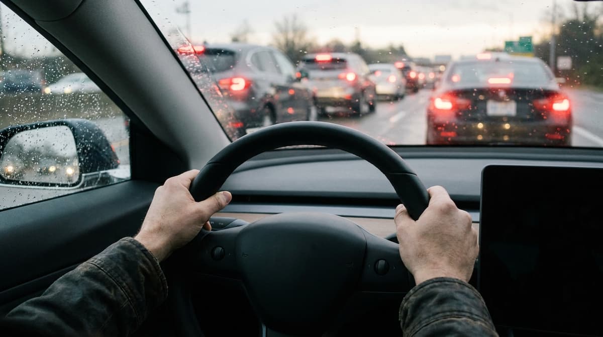 Driver's hands on the steering wheel looking through a rain-streaked windshield at slow highway traffic