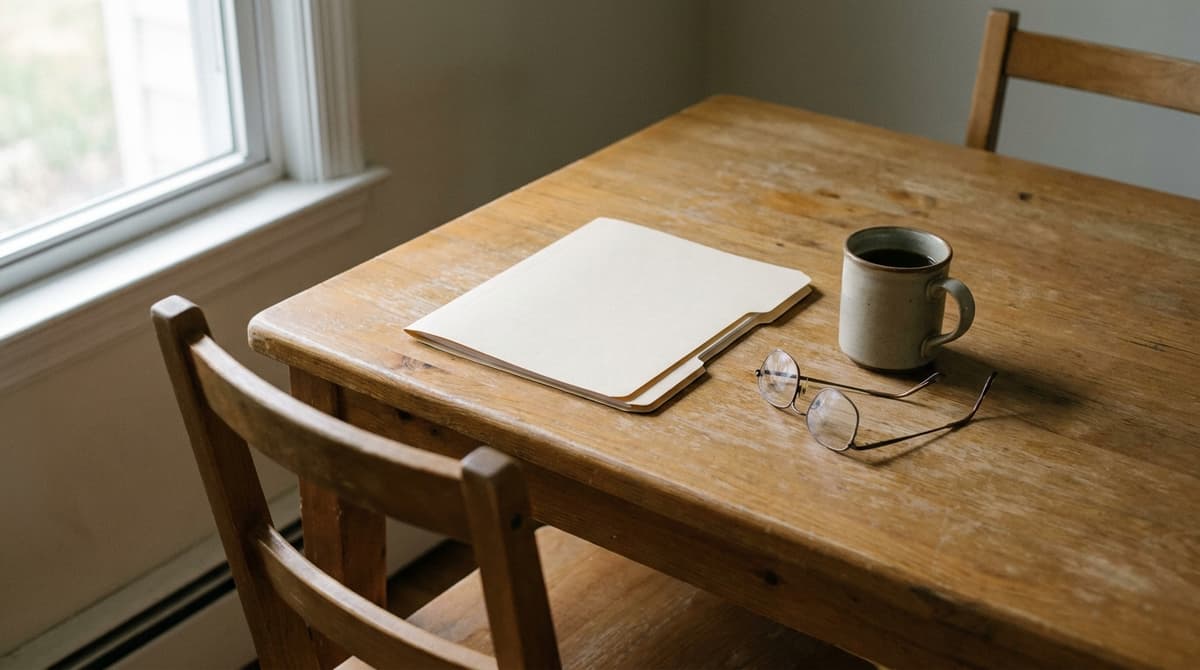 Closed blank folder, coffee mug and reading glasses on a worn wooden kitchen table