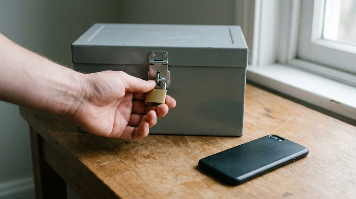 Hand clasping a small brass padlock on a grey metal box beside a face-down phone