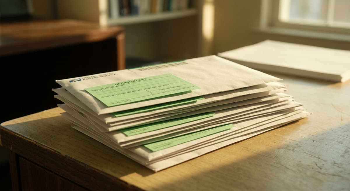 a stack of certified mail envelopes with return receipt cards