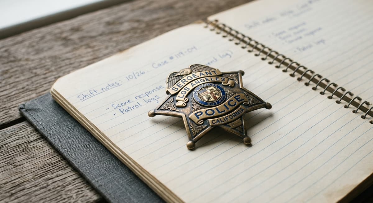 general legal: police badge resting on a notebook