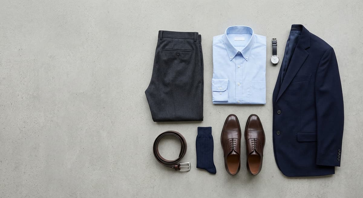 a flat lay of conservative court-appropriate clothing neatly arranged on a neutral background