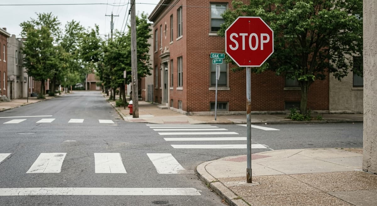 Pei traffic intersection with a stop sign and painted crosswalk, daytime