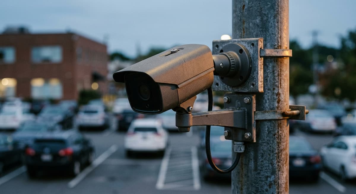 Pei parking lot surveillance camera mounted on a light pole