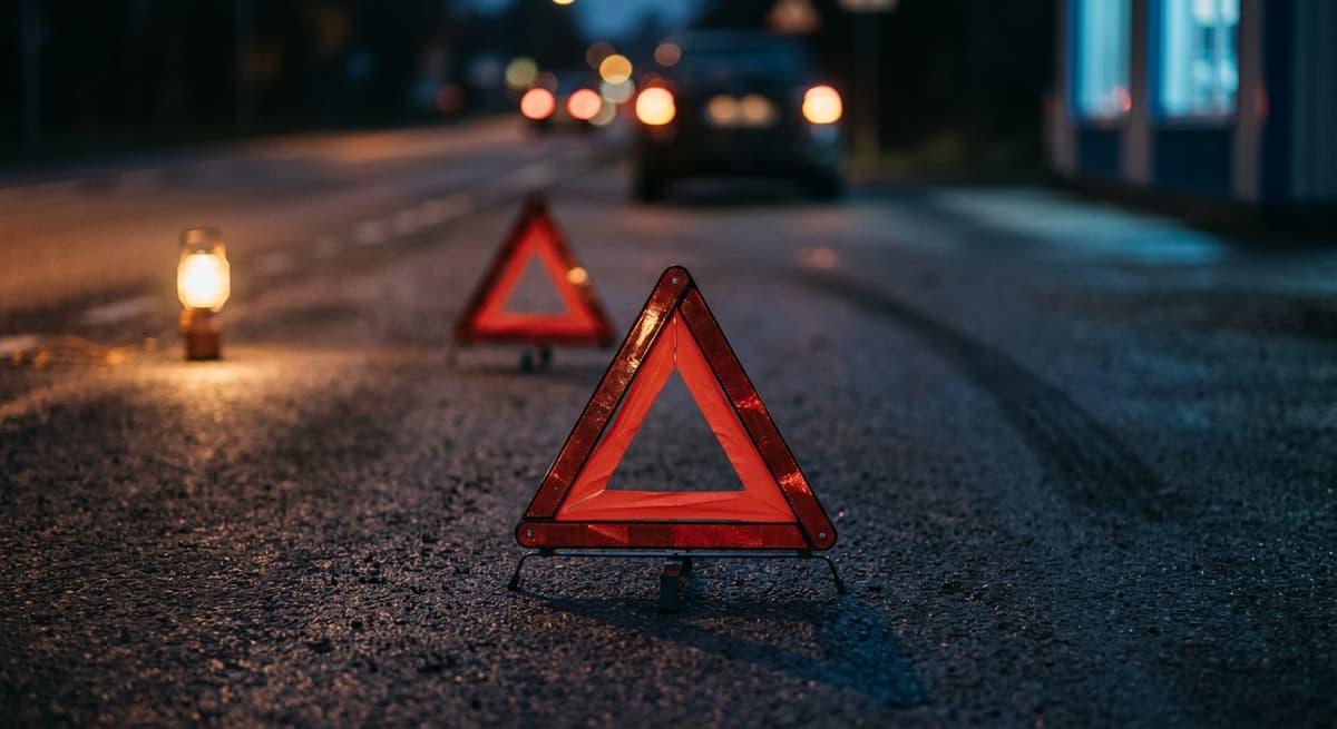 Quebec emergency roadside warning triangles placed on a dark road surface
