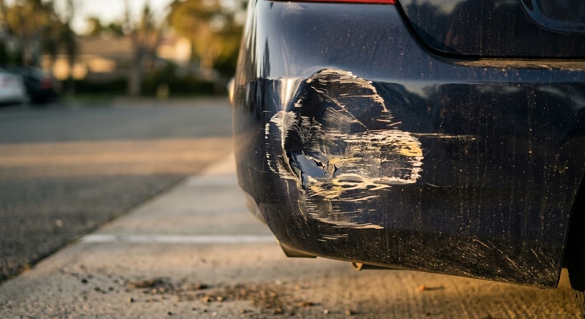 Pei car rear bumper with a fresh dent and paint transfer marks